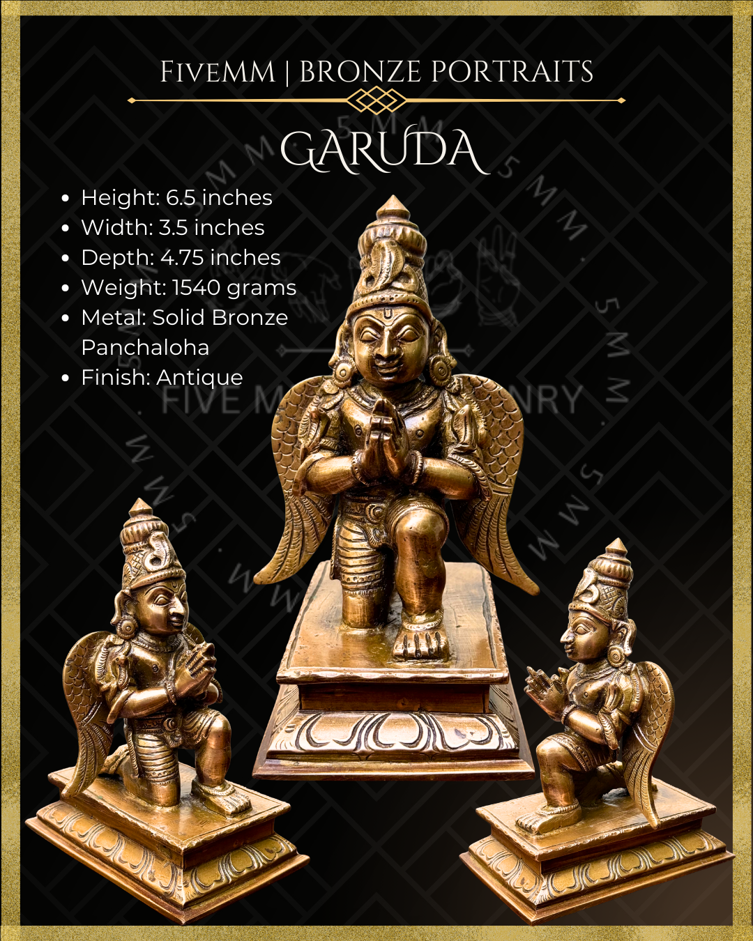 Garuda Bronze statue – per Shilpa Sastra iconography, handcrafted by lost wax casting – Dimensions