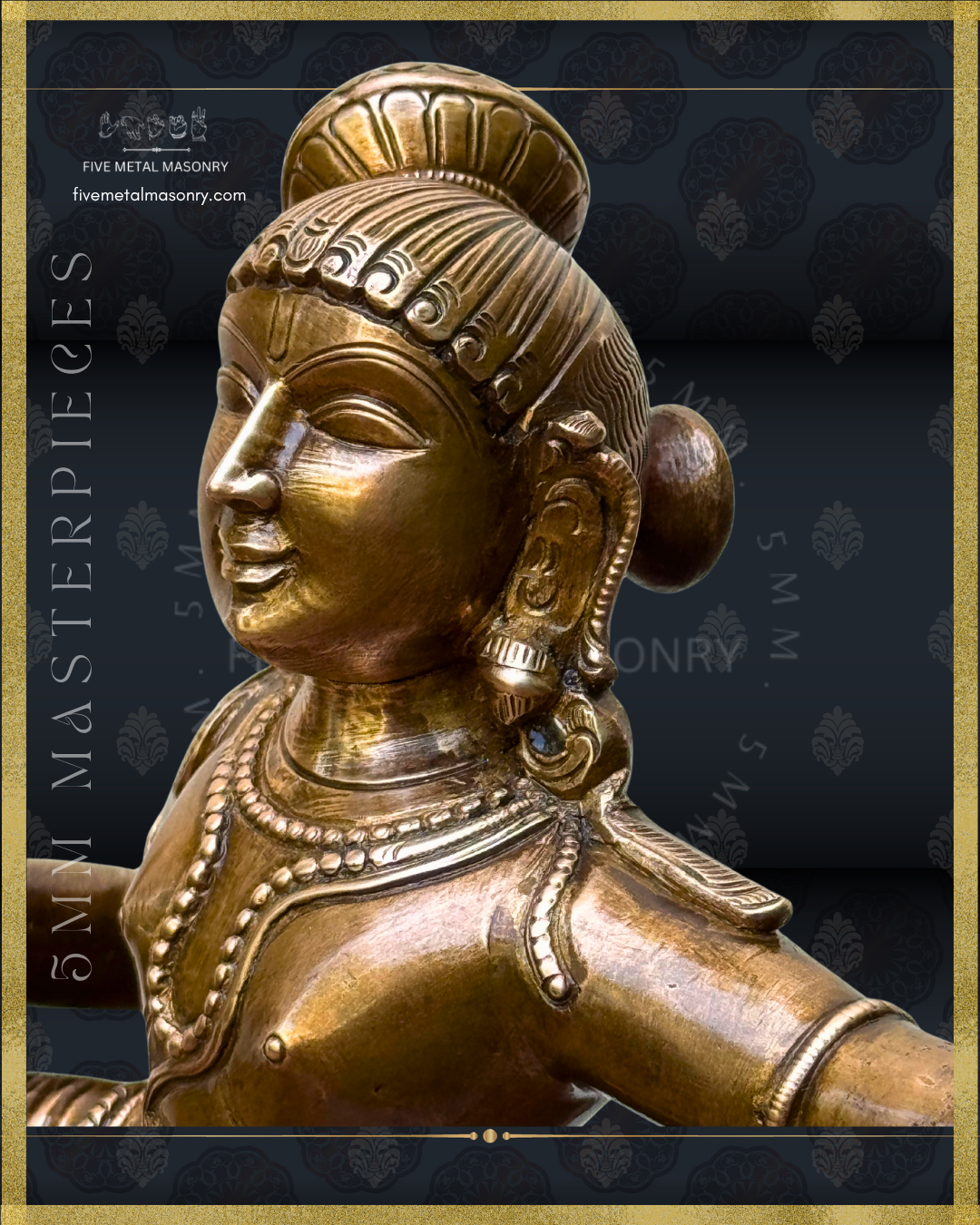 Close-up side  view of handcrafted Panchaloha bronze Kaliya Tandava Krishna from our Masterpieces Collection, showing Krishna’s serene facial features, detailed kesa-bandha, makara-kundalas, layered necklaces and shoulder ornaments, aligned with Silpa Sastra principles and South Indian iconographic tradition.