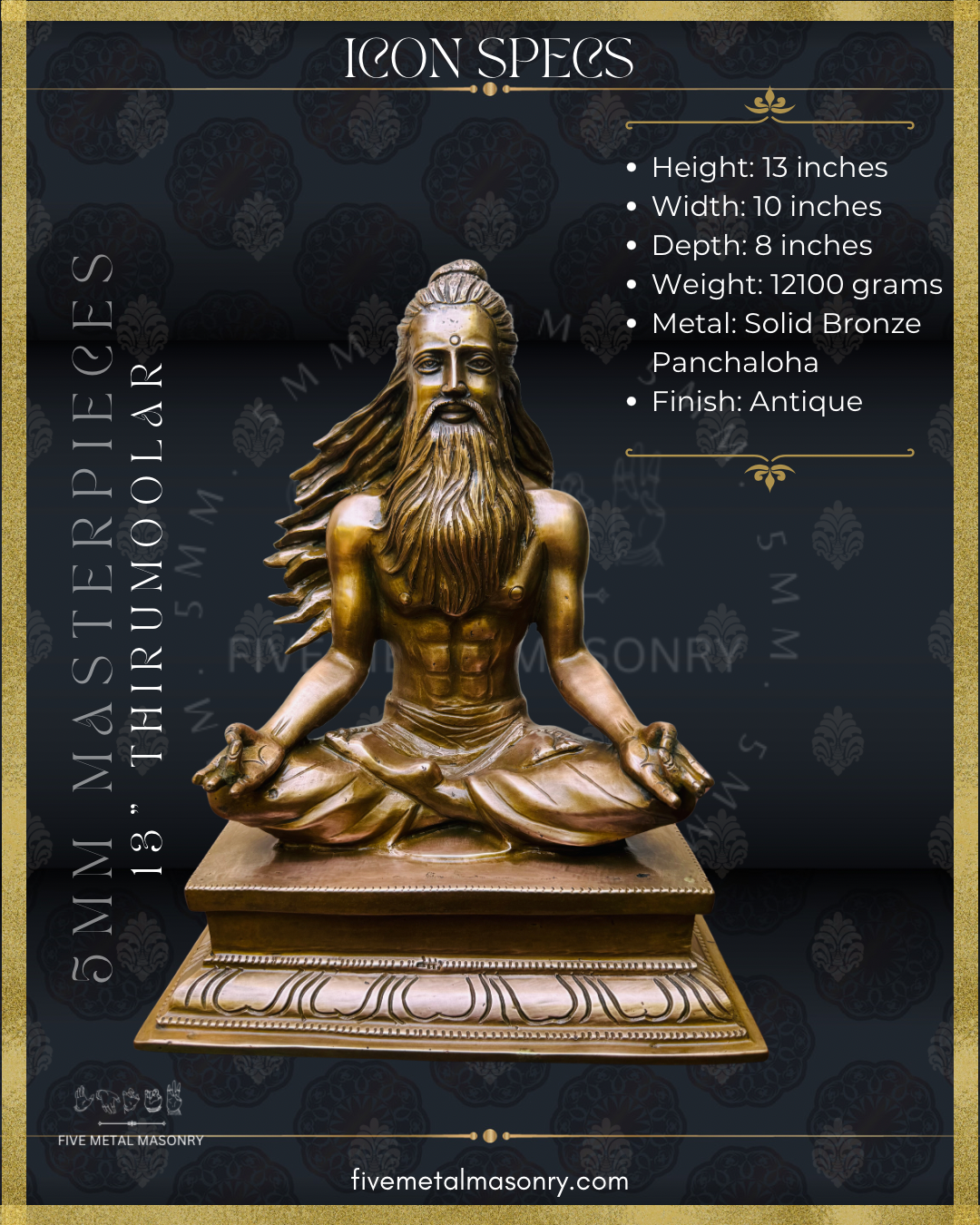 Dimensions of Handcrafted Thirumoolar Saiva saint in Panchaloha bronze, seated in meditation with flowing jata, long beard and tiered pedestal, from the Masterpieces collection.