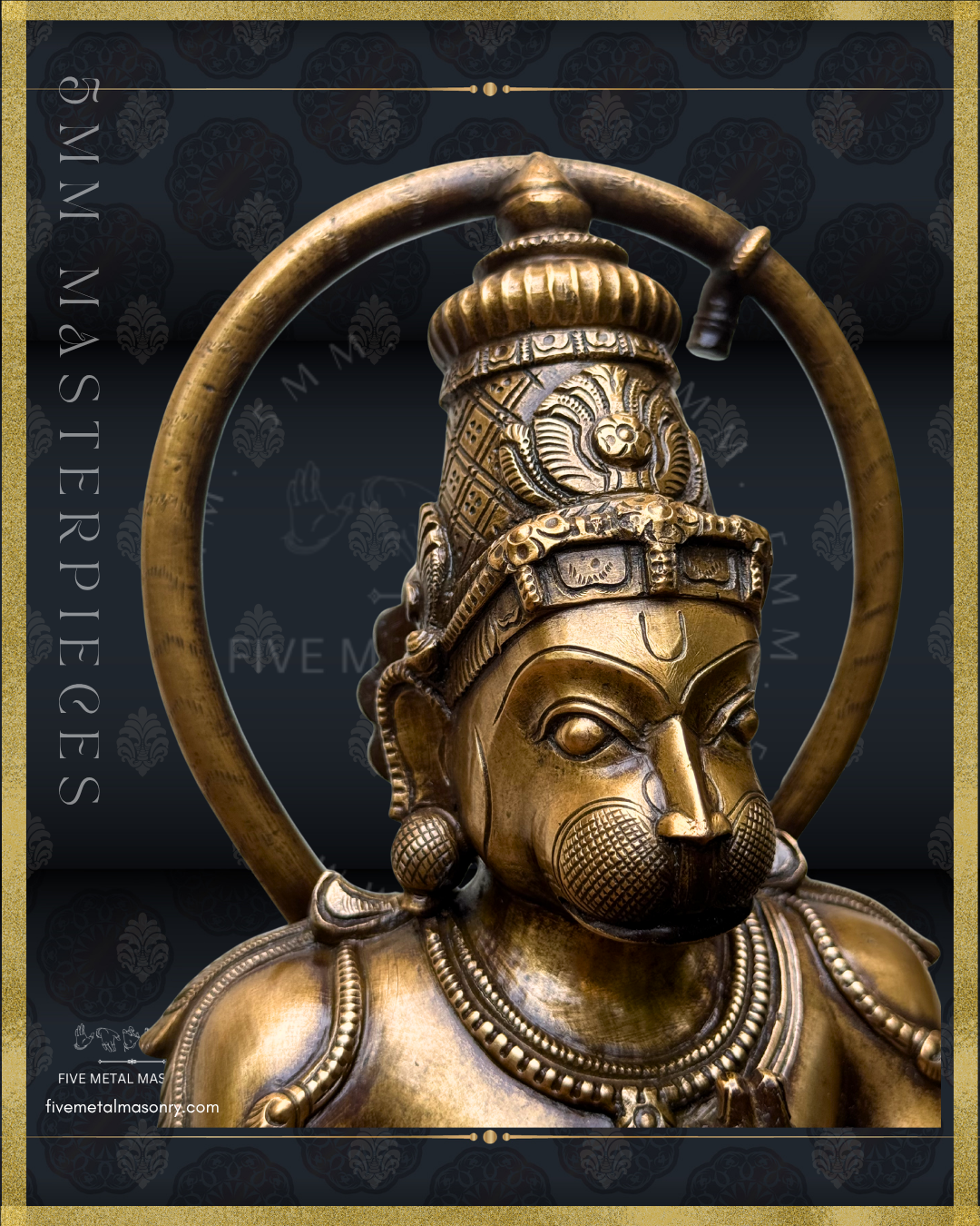 Bronze statue of Hanuman with intricate details on a dark background, featuring the 'Five Metal Masterpieces' logo.