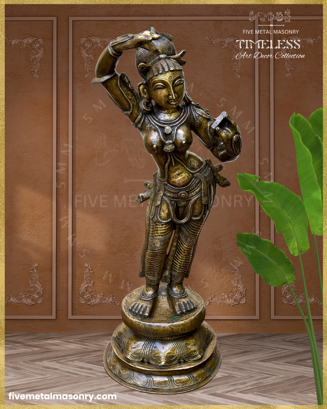 Top angle view of Handcrafted Panchaloha bronze icon of Darpana Sundari from the Timeless Collection, depicted in graceful tribhanga holding a mirror, adorned with elaborate jewellery, ornate lower garment, and antique patina on a lotus pedestal.