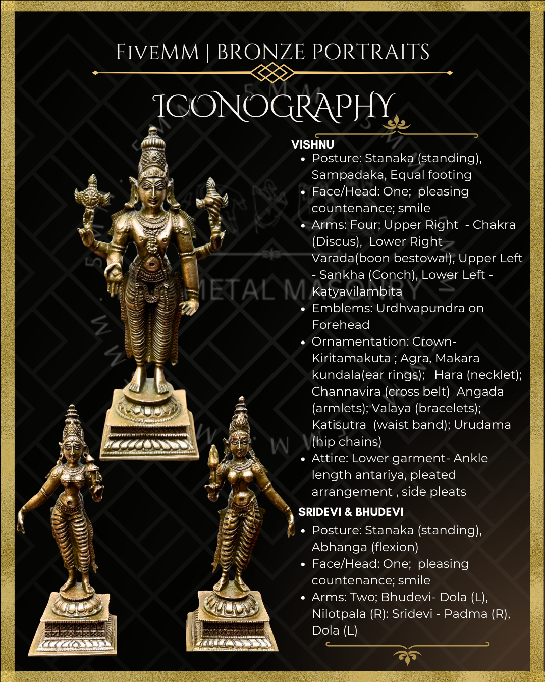 Bronze statues of Vishnu,  Sridevi  and Bhudevi with iconography details on a black background.