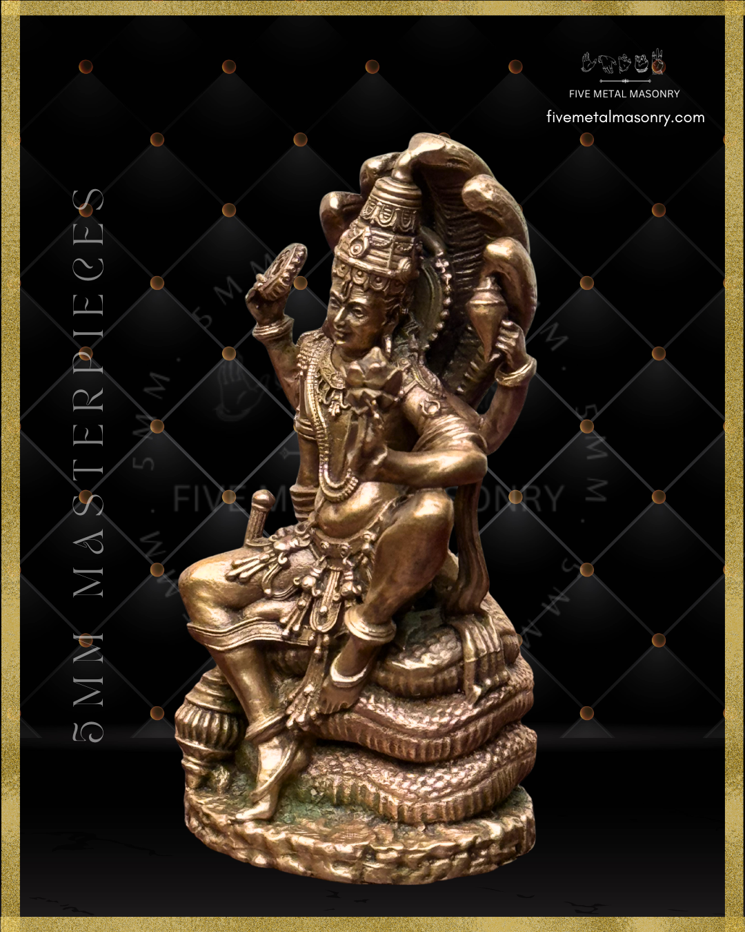 Right side profile view of Vaikunta Narayana panchaloha bronze icon seated on Adisesha with multi-hooded serpent canopy, four-armed Vishnu with shankha and chakra, Masterpieces collection