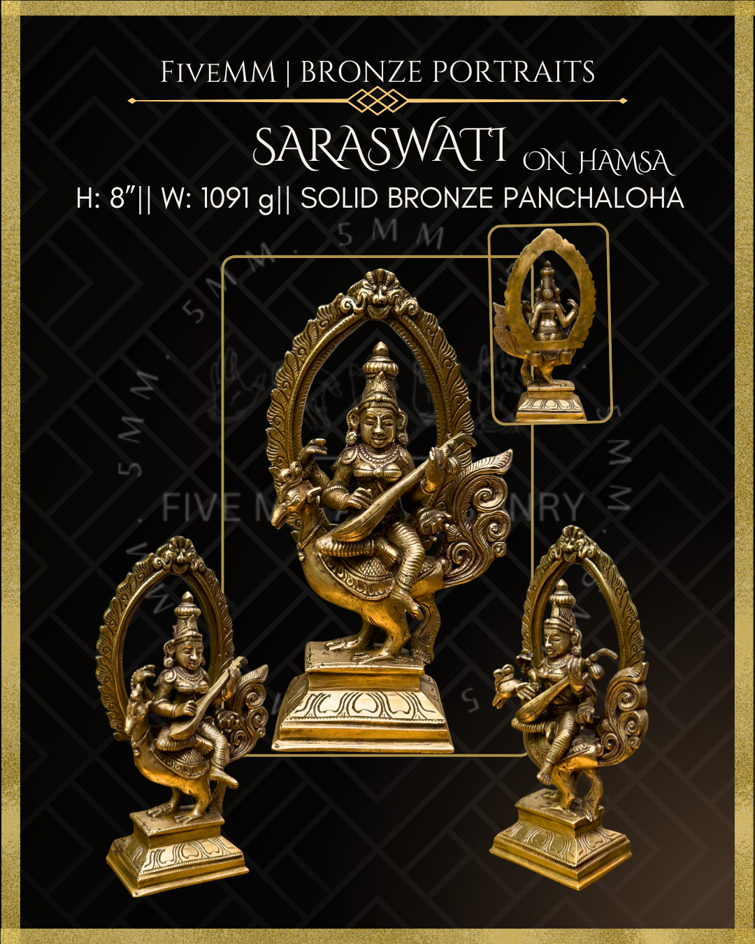 8" Saraswati seated on Hamsa