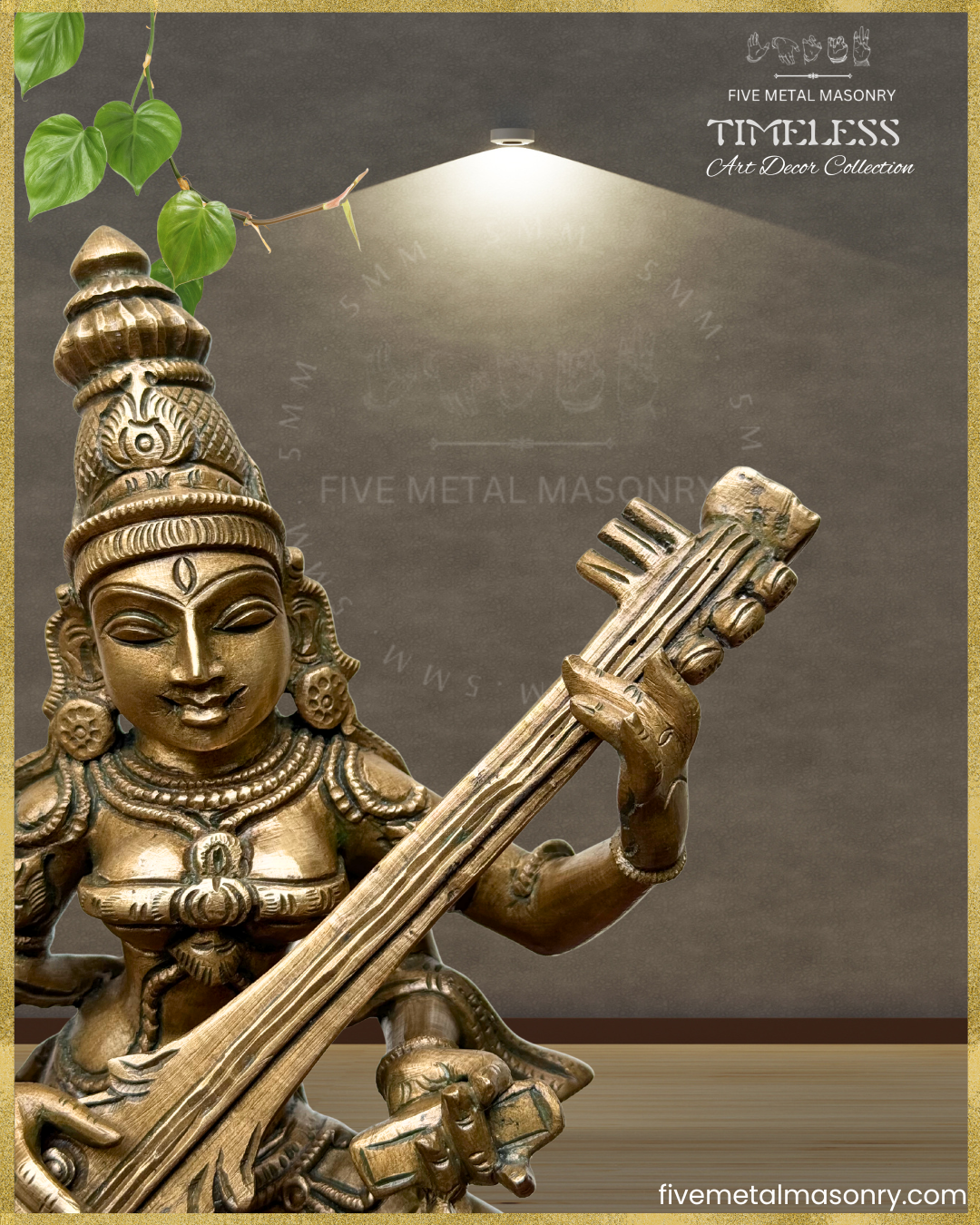 Nartana Saraswati Bronze Panchaloha statue - Timeless Collection – Shilpa Sastra iconography, handcrafted lost wax casting –  closeup view
