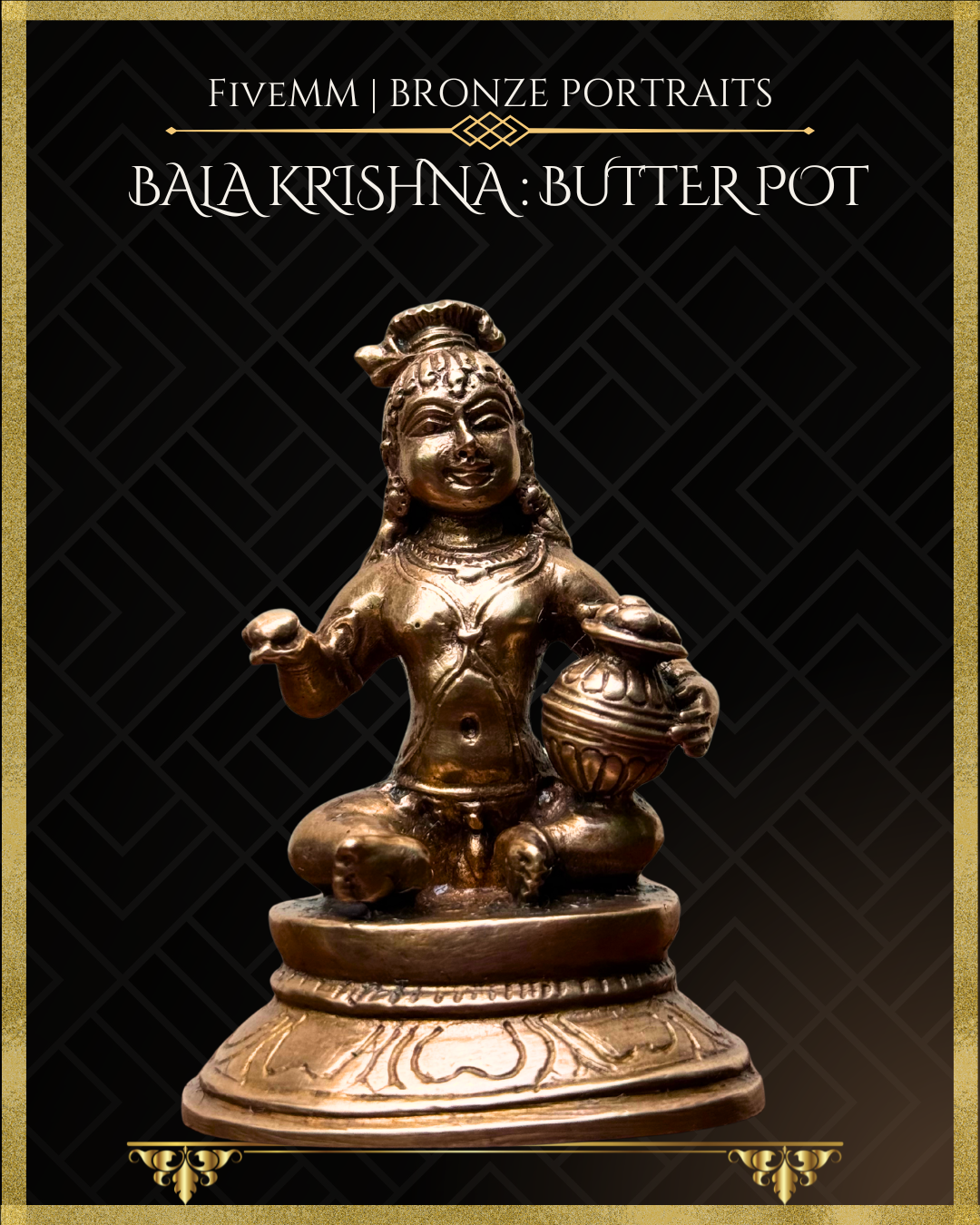 Bottom up angle view of Handcrafted Panchaloha bronze of Bala Krishna seated on a lotus pedestal, holding a ball of butter and a decorated butter pot, crafted according to traditional Shilpasastra iconography.