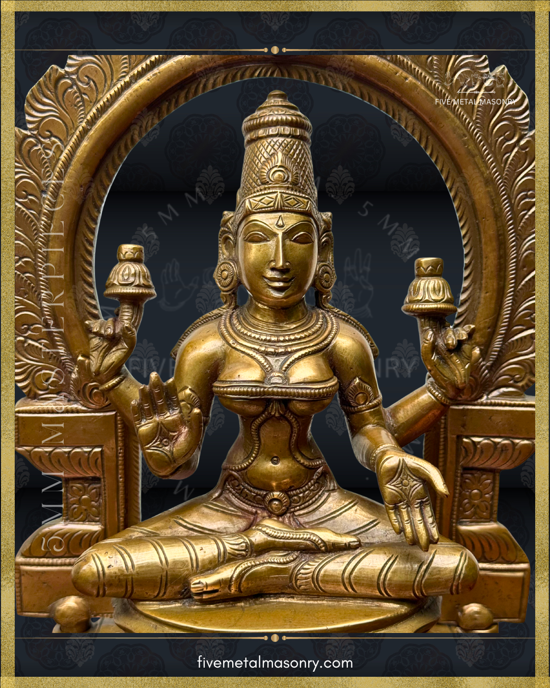 Close-up view of a handcrafted Panchaloha bronze Lakshmi statue from the Five Metal Masonry Masterpieces collection, crafted according to Shilpasastra principles, highlighting her traditional four-armed iconography, lotus attributes, abhaya and varada hastas, serene countenance and finely detailed ornaments.