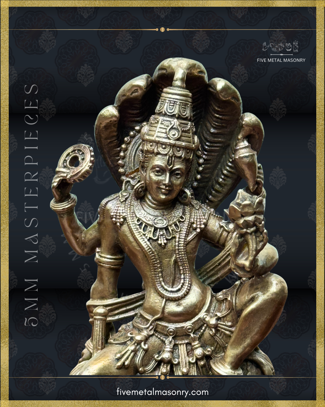 Close-up of Vaikunta Narayana panchaloha bronze showing mukha, kirita makuta, serpent hood canopy and hara detailing