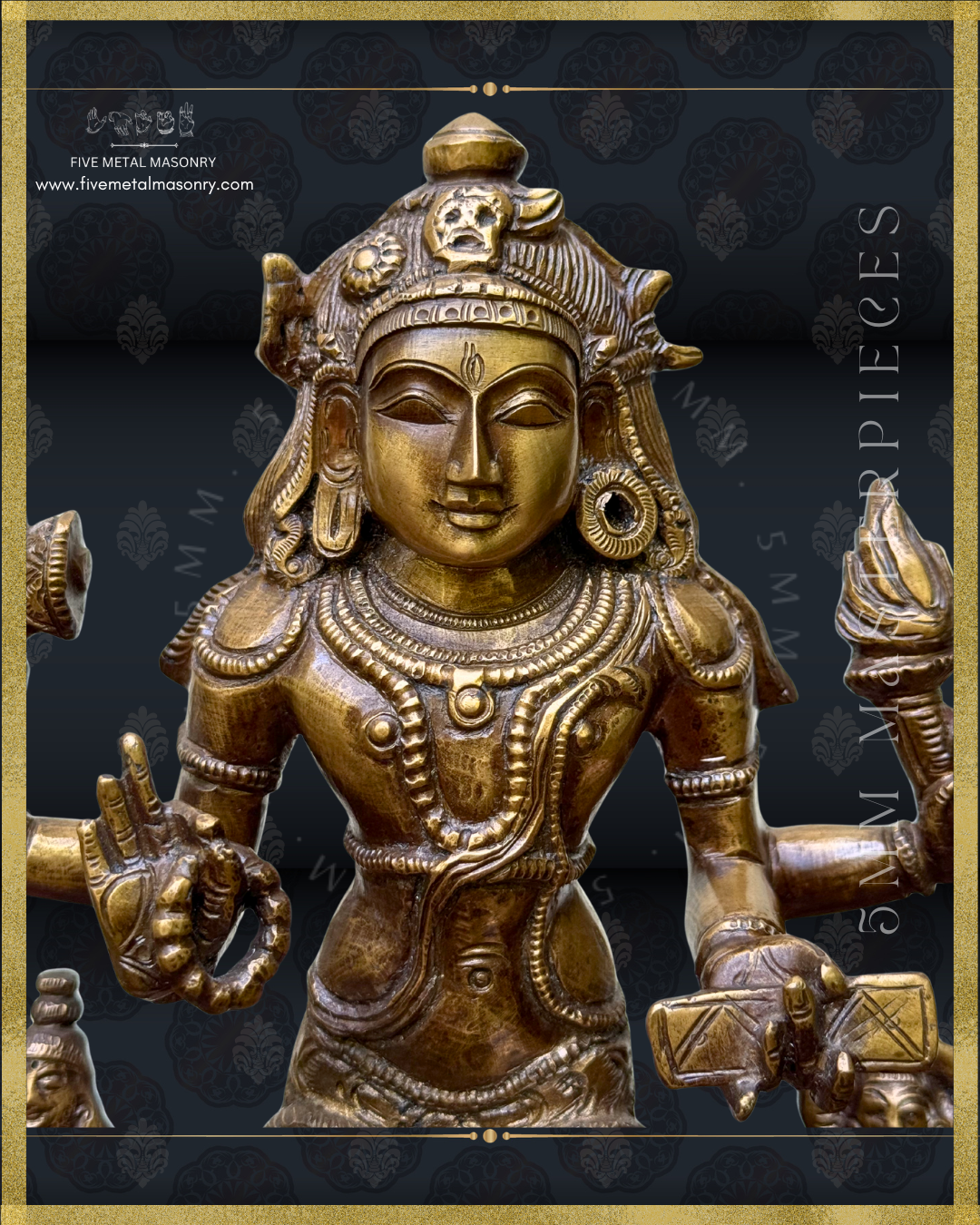 Front closeup view of Handcrafted Panchaloha bronze Dakshinamurti statue, crafted according to Shilpasastra principles, highlighting the intricate iconography of Shiva with four arms holding the damaru, agni, akshamala and pustaka, adorned with finely detailed jata-bhara and traditional ornaments.