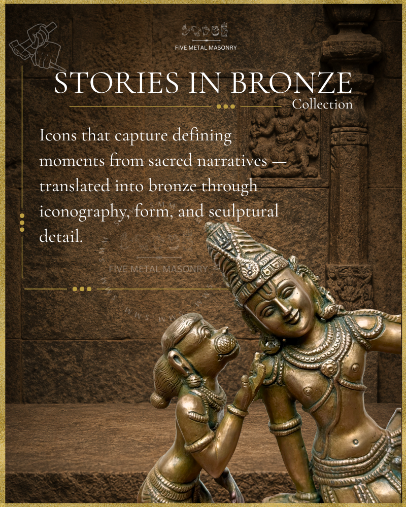 Handcrafted Panchaloha bronze Ayyanar Ula, depicting Ayyanar seated in utkutikasana on an ornamented elephant, with a mahout behind and a cluster of bananas held in the elephant’s trunk, from the Stories in Bronze Collection, aligned with silpa-sastra and South Indian iconographic tradition.