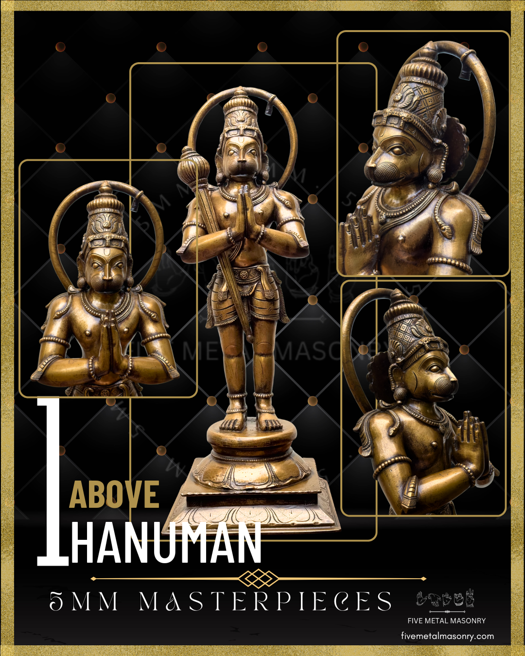 Bronze statue of Hanuman with close-up details on a black background