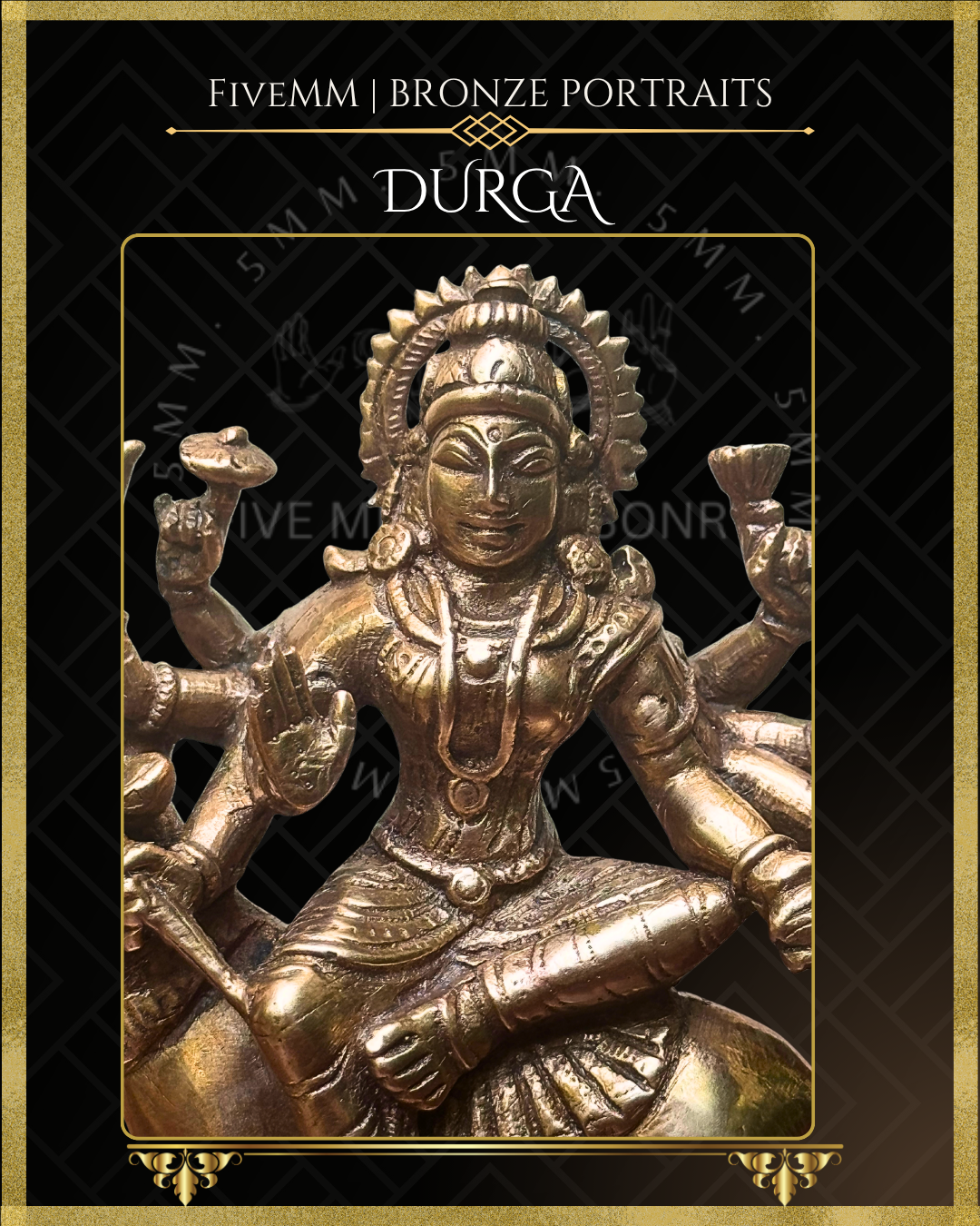 Close-up of handcrafted Durga Panchaloha bronze, highlighting the serene countenance, headdress, ratna-kundalas, haras, angadas and abhaya mudra, with her upper hands holding the cakra and padma, crafted in the South Indian silpa-sastra and traditional iconographic tradition.