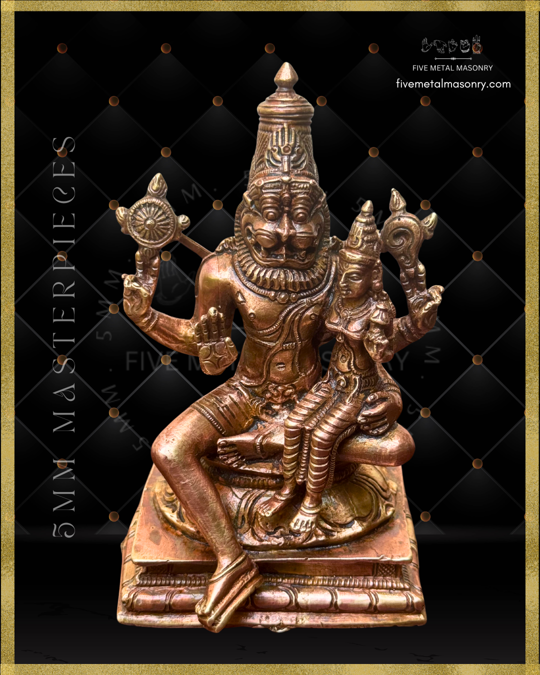 Top angle view of Handcrafted Lakshmi Narasimha Panchaloha bronze from the Masterpieces Collection, crafted in the silpa-sastra and South Indian iconographic tradition, with four-armed Narasimha holding cakra and sankha, and Lakshmi seated on his left thigh holding a padma.