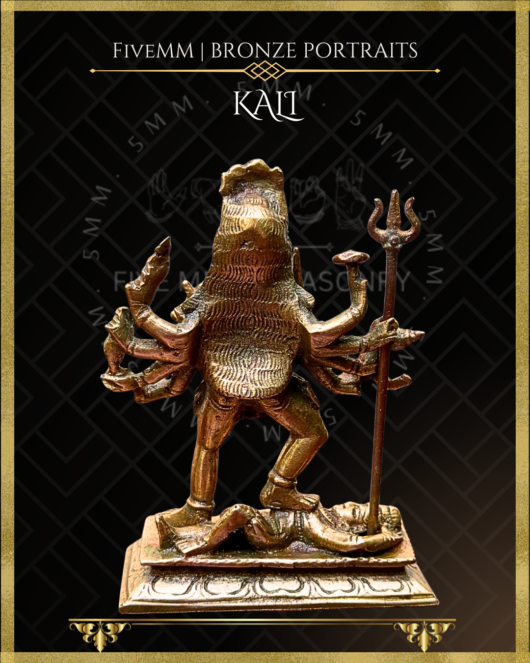 Rear view of handcrafted Kali Panchaloha bronze statue showing the Goddess’s flowing textured hair, ten-armed composition, traditional ayudhas and pratyalidha stance over prostrate Shiva, crafted with detailed silpa-sastra aligned traditional iconography.