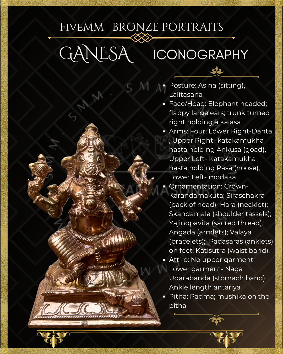 Iconographic description of handcrafted Panchaloha bronze Ganesha, silpa-sastra aligned and rooted in the South Indian iconographic tradition