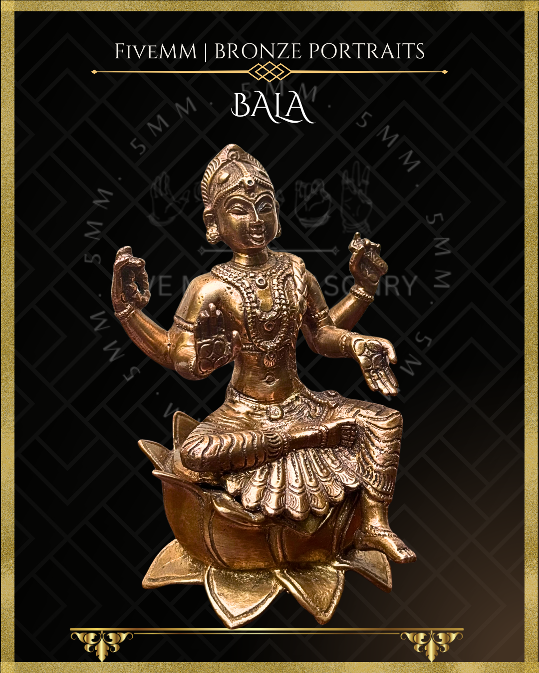 Right profile view of handcrafted Panchaloha bronze of four-armed Balambika or Bala tripurasundari seated in lalitasana on a full-blown lotus pitha, holding akshamala and pustaka with abhaya and varada hastas, following silpa-sastra and traditional iconography.