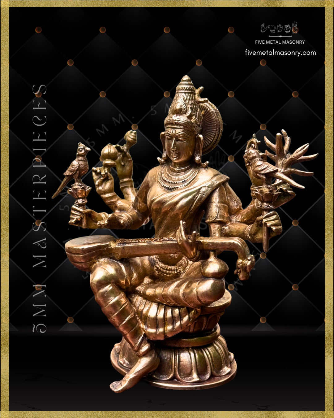 Right profile view of Handcrafted Panchaloha Matangi bronze icon from the Five Metal Masonry Masterpieces Collection, seated with veena and depicted with multiple arms bearing her characteristic attributes, crafted according to traditional Shilpasastra iconography.