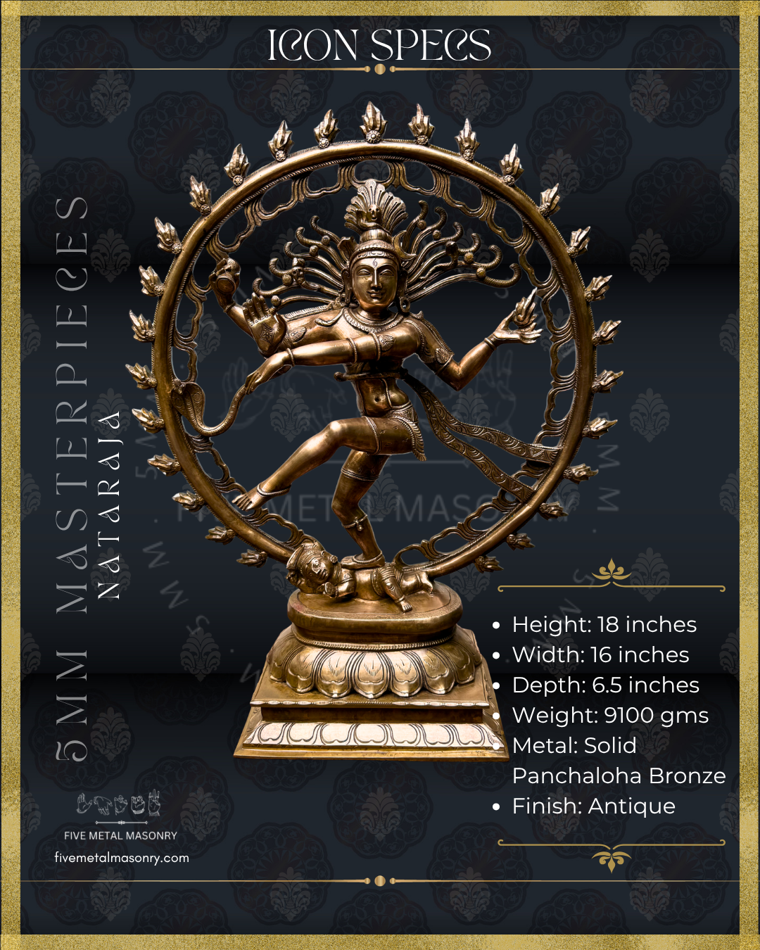 Product dimensions of Nataraja Panchaloha bronze icon from the 5MM Masterpieces collection, shown in ananda-tandava in South Indian iconographic tradition