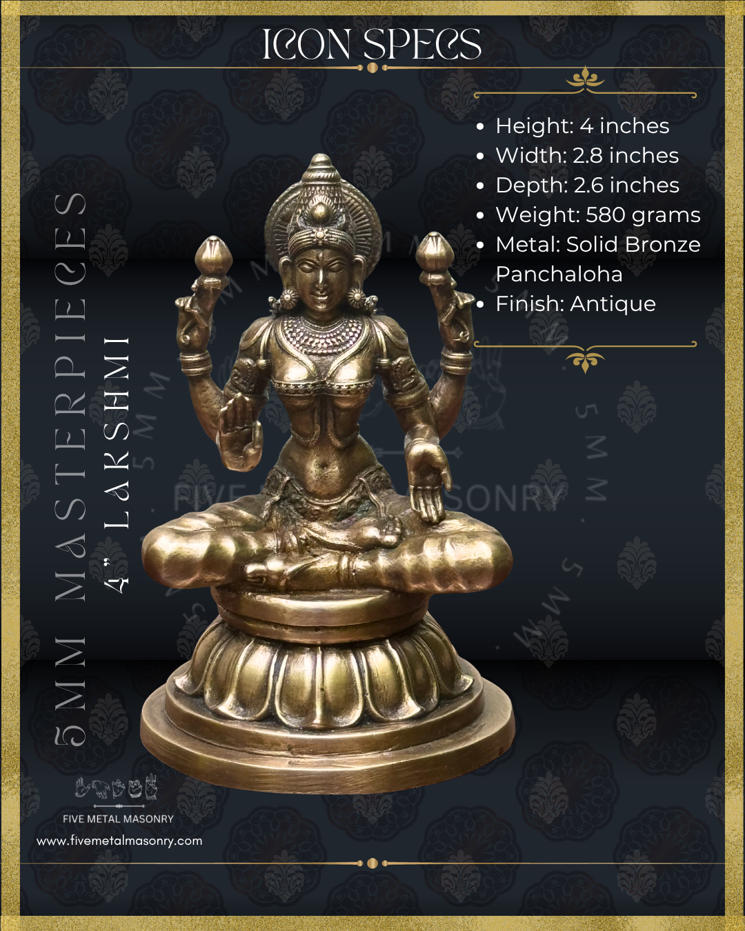 Product dimensions of panchaloha bronze seated Lakshmi icon from the Masterpieces collection in padmasana posture, holding lotus buds in the upper hands with lower hands in abhaya and varada hastas, featuring kirita makuta, siraschakra, layered ornamentation and lotus pedestal in South Indian bronze style.