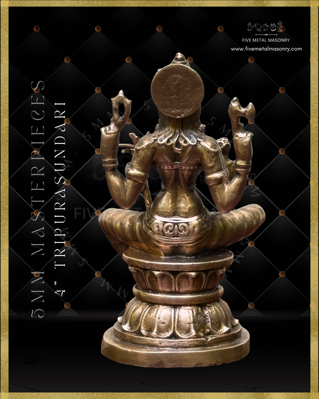 Rear view of panchaloha bronze seated Lalitha Tripurasundari icon from the Masterpieces collection, four armed, holding sugarcane bow, flower arrows, noose and goad, featuring kirita makuta, siraschakra, layered ornamentation and lotus pedestal in South Indian iconographic style