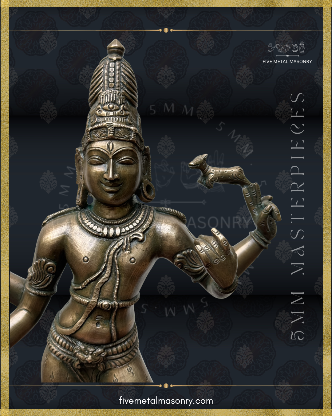 Close-up of Vinadhara Shiva handcrafted Panchaloha bronze sculpture featuring a serene Chola-style countenance, tall jata makuta with trinetra motif, patra kundala, layered necklaces, yajnopavita, and mrga held in the upper hand, from the Masterpieces collection inspired by South Indian iconographic traditions.