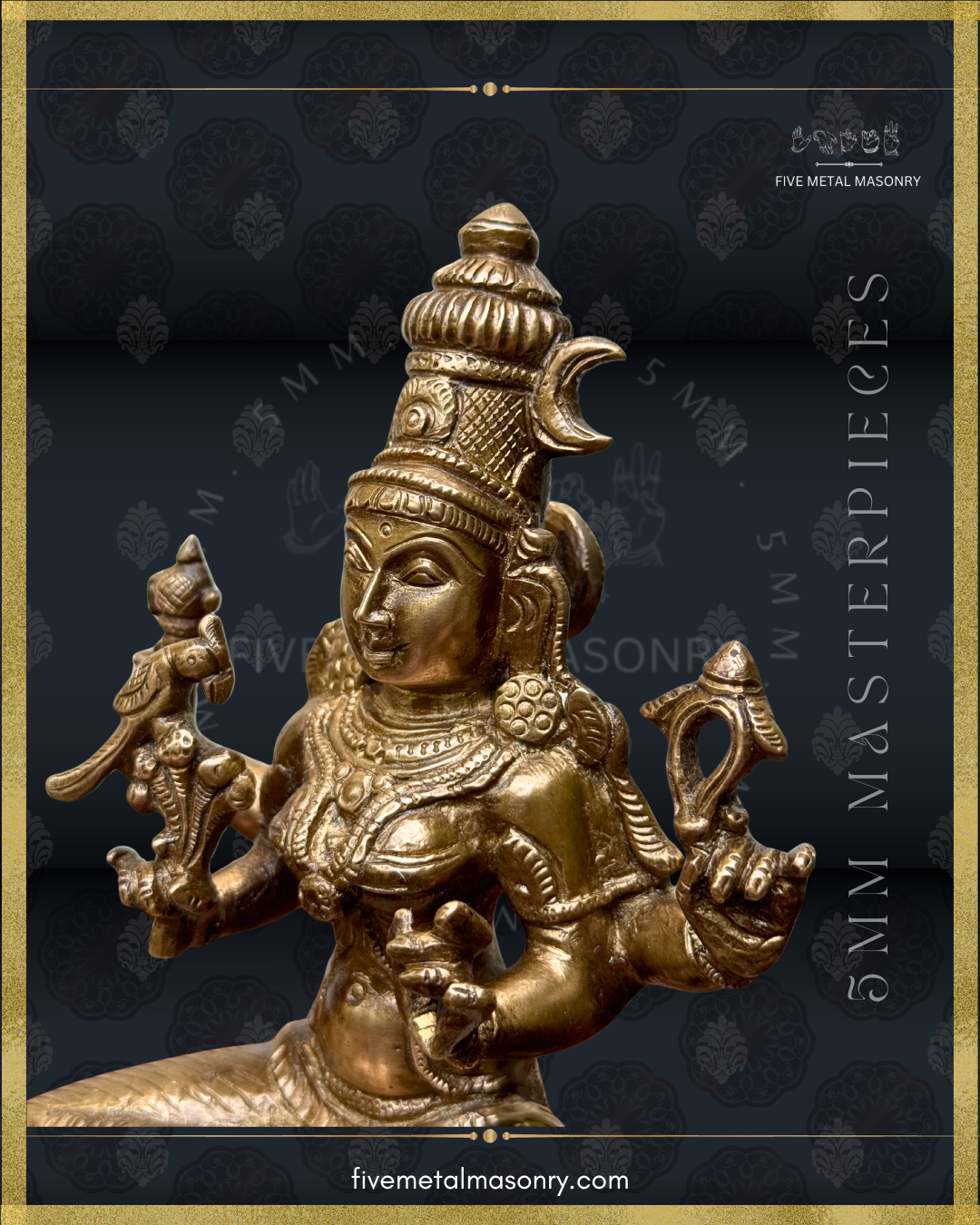 Angled close-up of Panchaloha bronze Kamakshi icon showing four-armed form, karanda makuta with crescent motif, ornate jewelry, facial detailing and iconographic attributes from the Masterpieces collection by Five Metal Masonry.