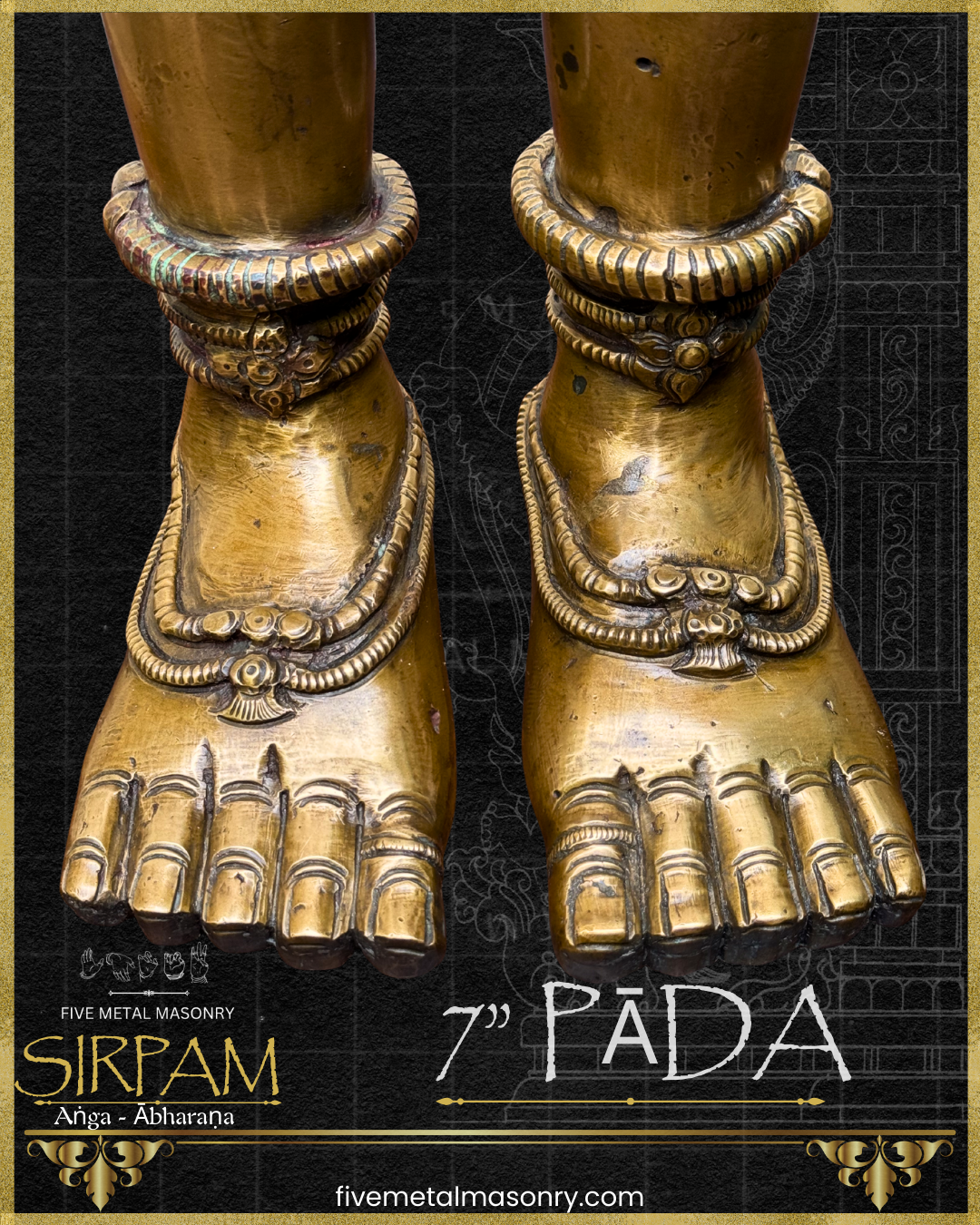 Decorative bronze feet with intricate designs on a black background