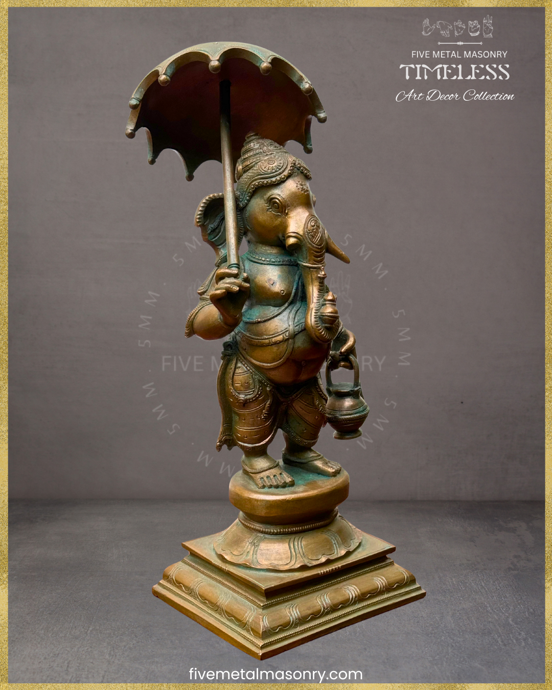 Ganesha with umbrella-Panchaloha Bronze statue – Timeless Collection - Iconography per Shilpa Sastra, Handcrafted lost wax casting – Right facing view