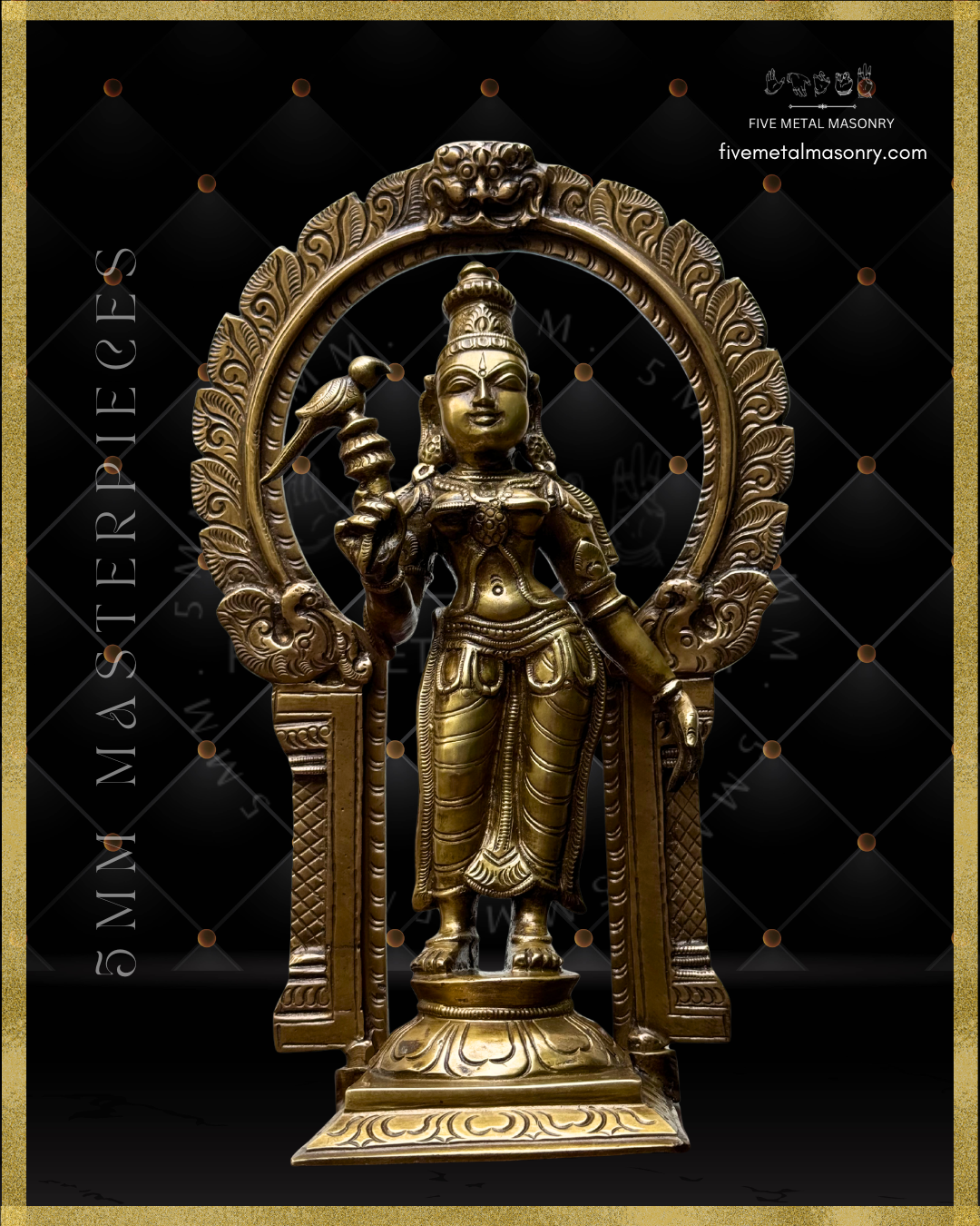 Bronze statue of meenakshi with intricate design on a black background