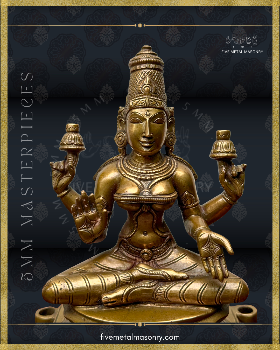 Front close-up view of a handcrafted Panchaloha bronze Lakshmi statue from the Five Metal Masonry Masterpieces collection, crafted according to Shilpasastra principles, highlighting her traditional four-armed iconography, lotus attributes, abhaya and varada hastas, serene countenance and finely detailed ornaments.
