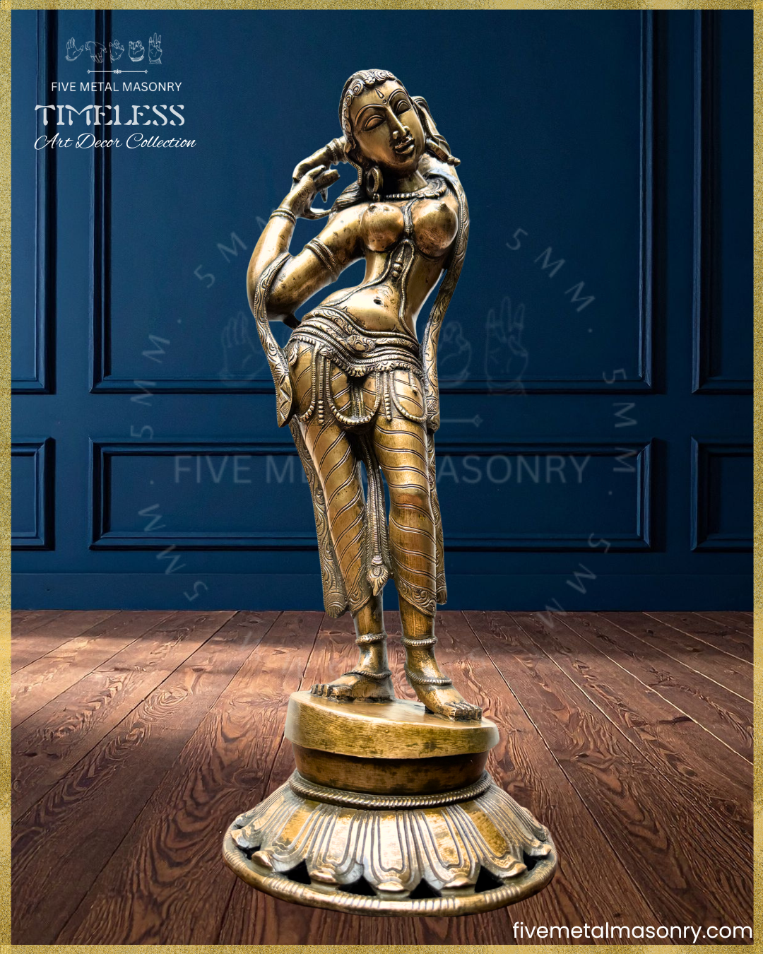 Projected view of panchaloha bronze Apsara icon from the Timeless collection in a graceful tribhanga stance, with raised arms, detailed jewellery, patterned drapery, lotus pedestal and refined sculptural detailing rooted in South Indian iconographic tradition
