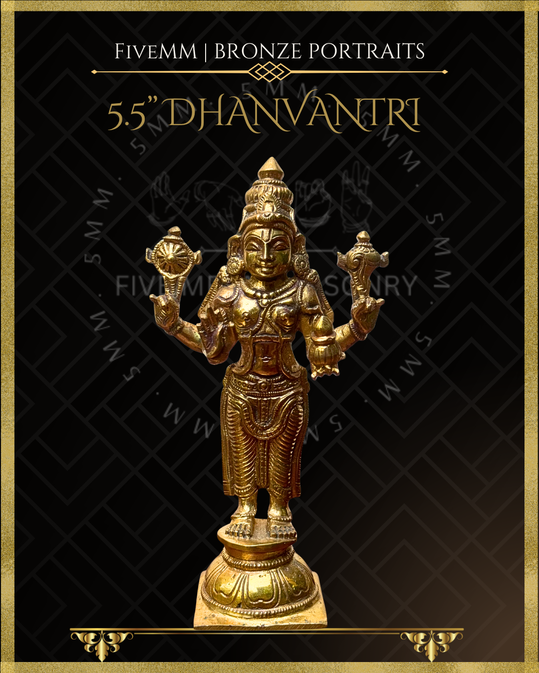 Handcrafted Dhanvantari Panchaloha bronze statue in standing samabhanga posture, with four arms holding chakra, sankha, jalauka and amrta-kalasa, detailed kiritamakuta, traditional ornaments and padma pitha, crafted in the silpa-sastra and traditional iconographic tradition.