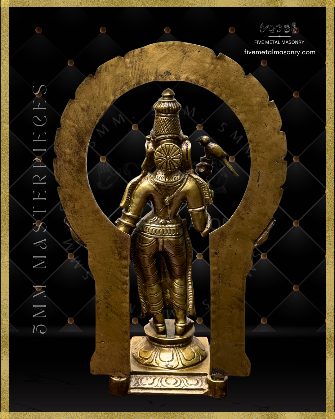 Decorative metal sculpture of meenakshi with a arch on a black background