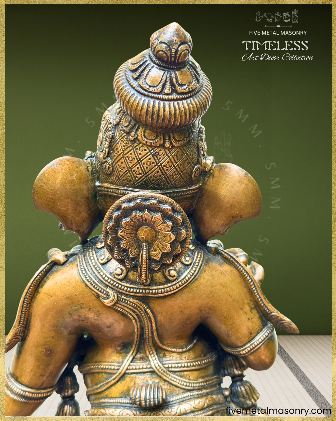 Rear close-up of antique finish Panchaloha bronze Ganesha highlighting the intricately detailed karanda makuta, siras chakra- floral back ornament, layered sacred cords and refined South Indian sculptural craftsmanship from the Timeless collection.