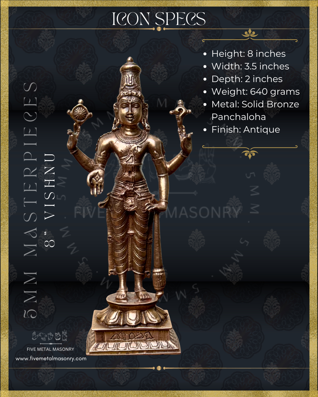 Vishnu Panchaloha bronze statue – Shilpa Sastra iconography, handcrafted lost wax casting – Dimensions