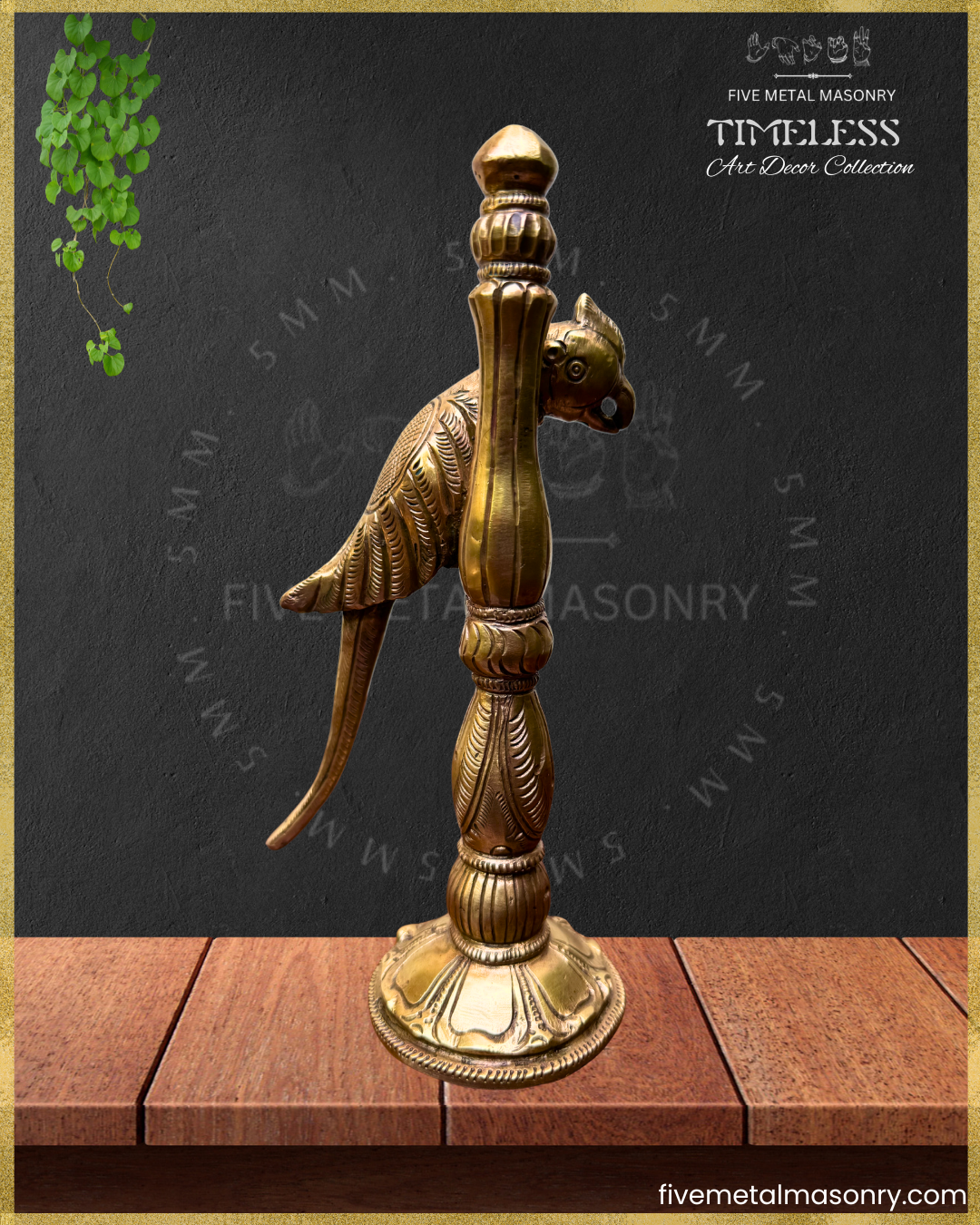 Bronze parrot perched on a pillar sculpture with a dark background
