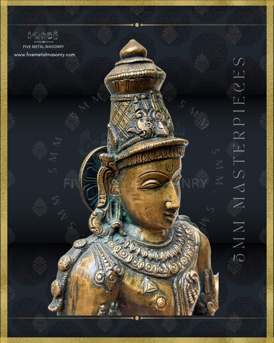 Close-up right-side portrait of handcrafted Vishnu Panchaloha bronze statue, highlighting the serene facial features, elaborate kirita-makuta, siraschakra, layered haras and finely detailed South Indian iconography crafted in the silpa-sastra tradition.