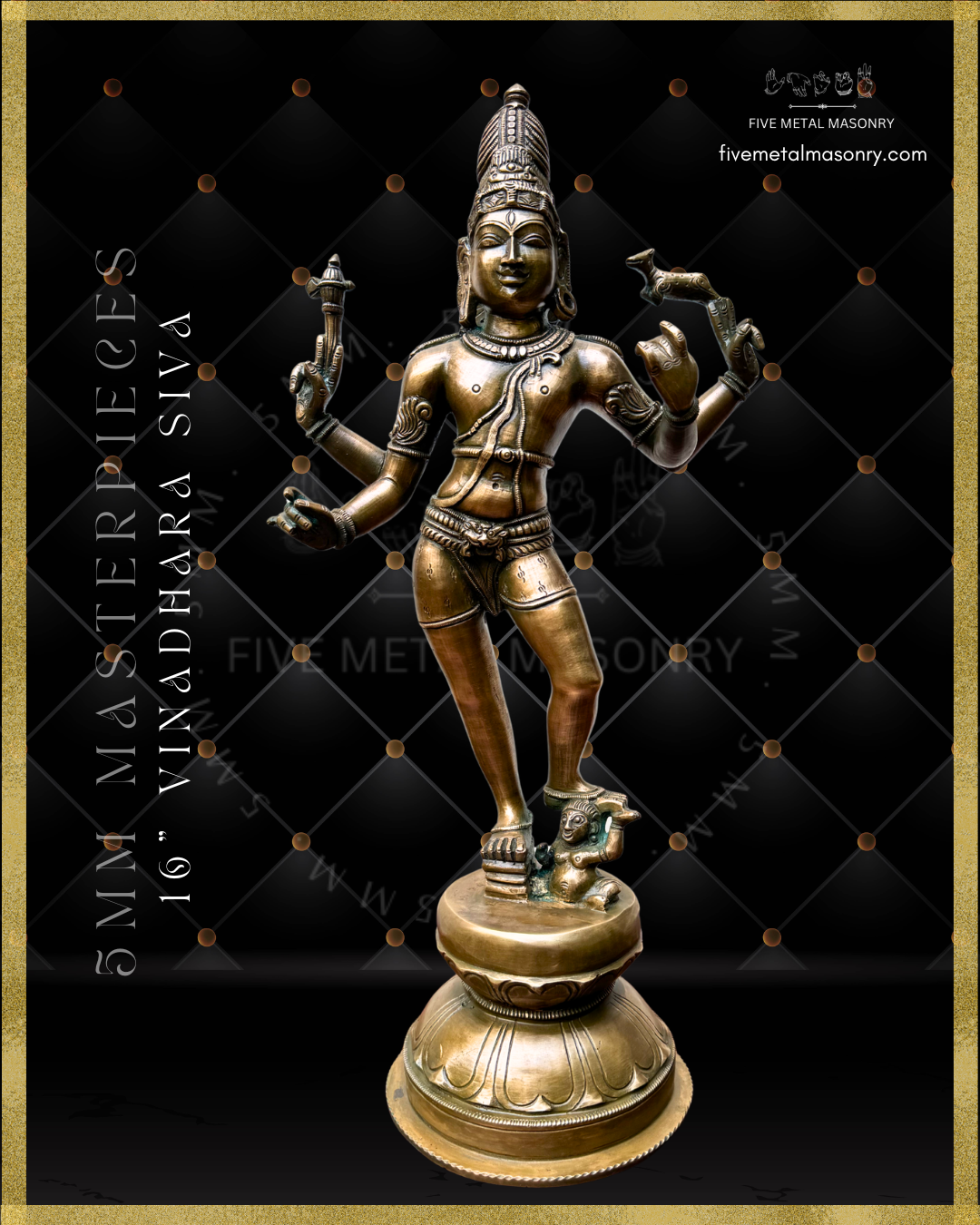 Vinadhara Shiva handcrafted Panchaloha bronze sculpture with jata makuta, four-armed form holding parashu and mrga, lower hands posed to bear vina, standing with one foot upon Apasmara, from the Masterpieces collection inspired by South Indian Chola iconographic traditions.