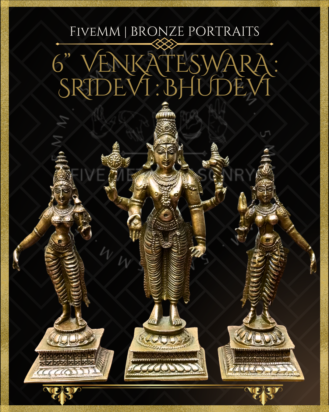 Bronze statues of Venkateswara, Sridevi, and Bhudevi with 5MM branding.