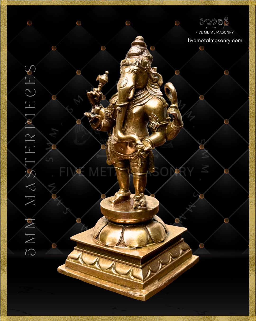 Left profile view of standing Ganesha panchaloha bronze icon holding goad and noose, with elongated trunk, karanda makuta, lotus pedestal and mouse vahana from the Masterpieces collection.