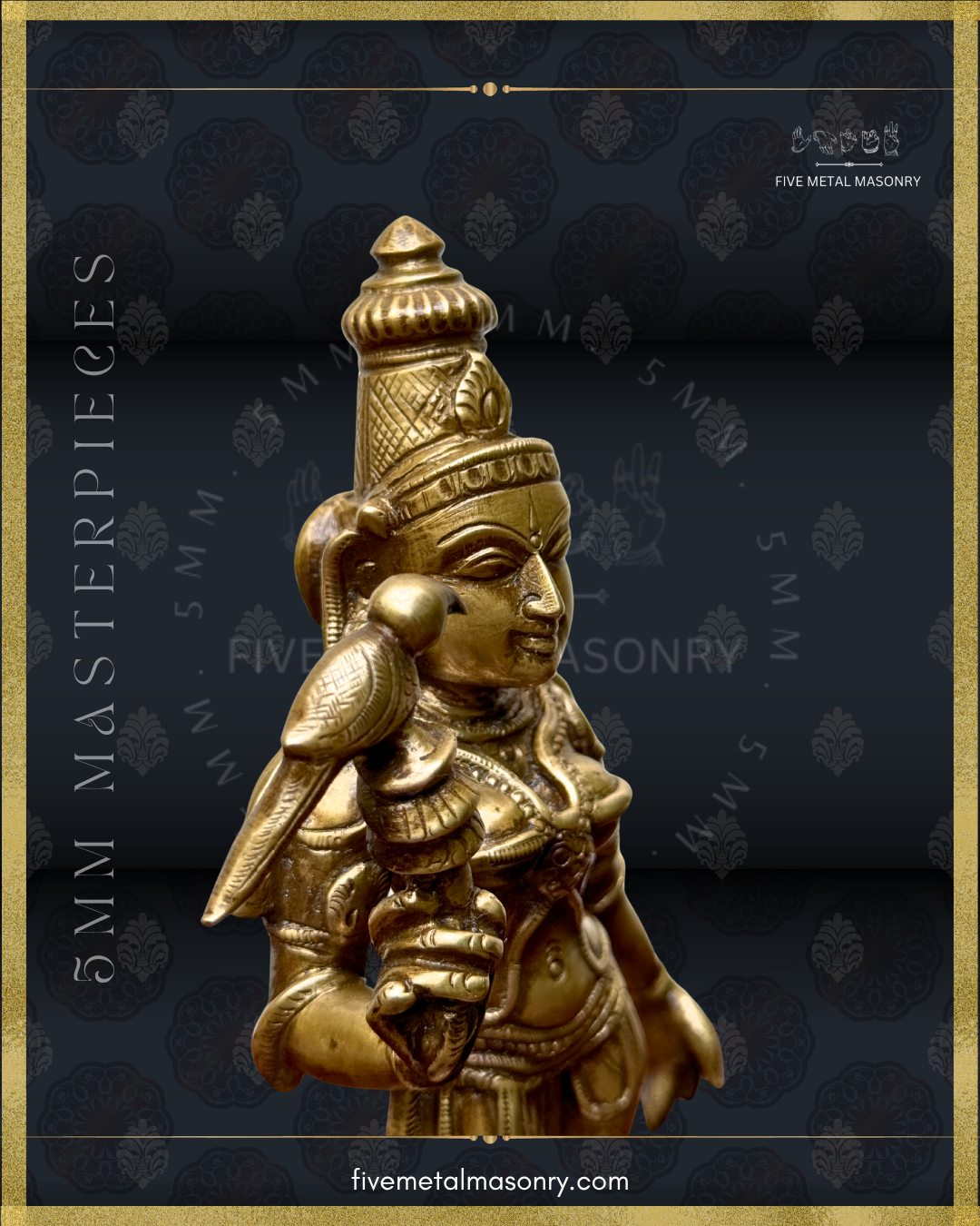 Panchaloha Bronze statue of meenakshi with a parrot on a dark background with 'Five Metal Masonry' branding.