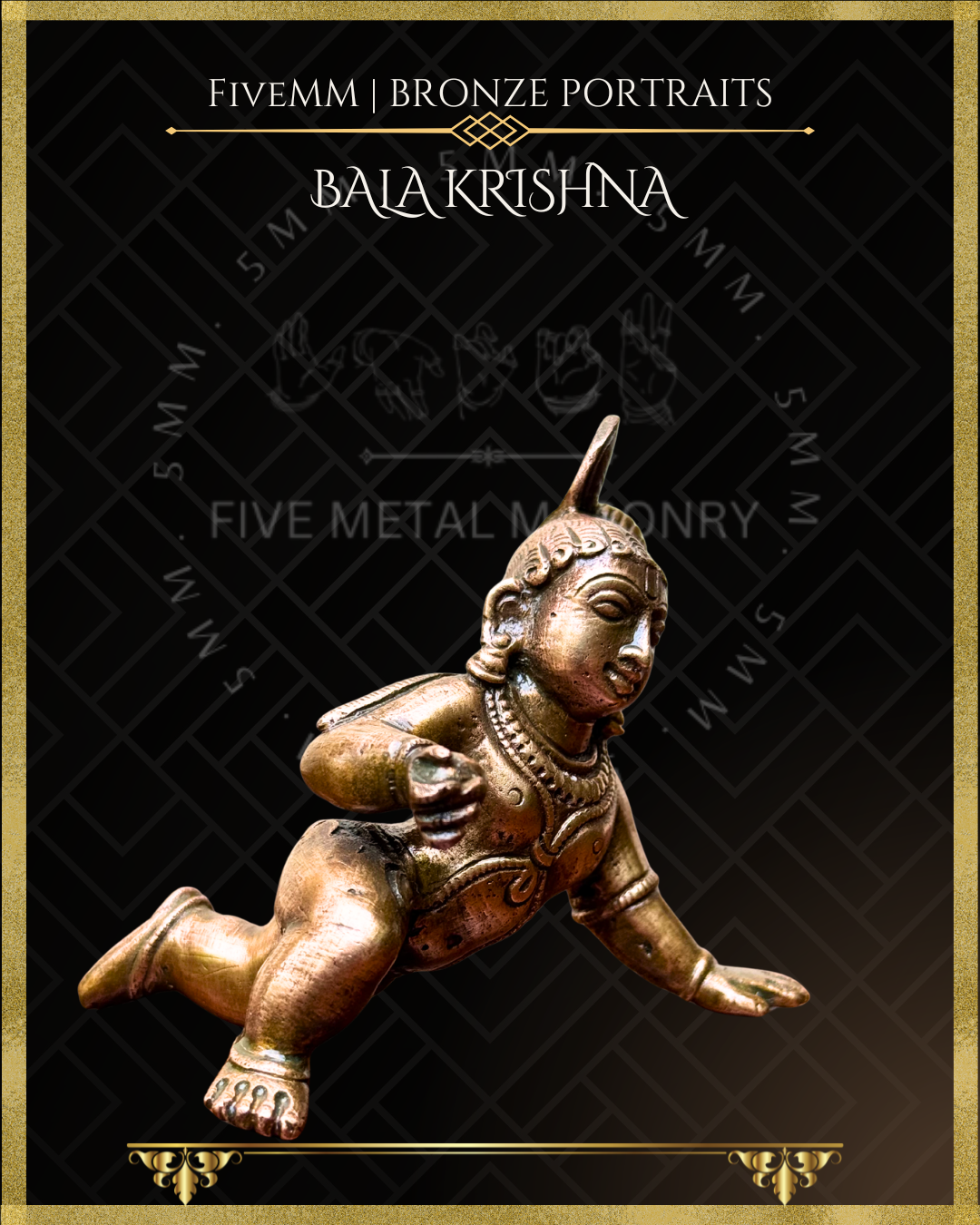 Right profile view of Bala Krishna handcrafted Panchaloha bronze statue in crawling pose, detailed South Indian iconography, traditional ornaments, topknot hairstyle