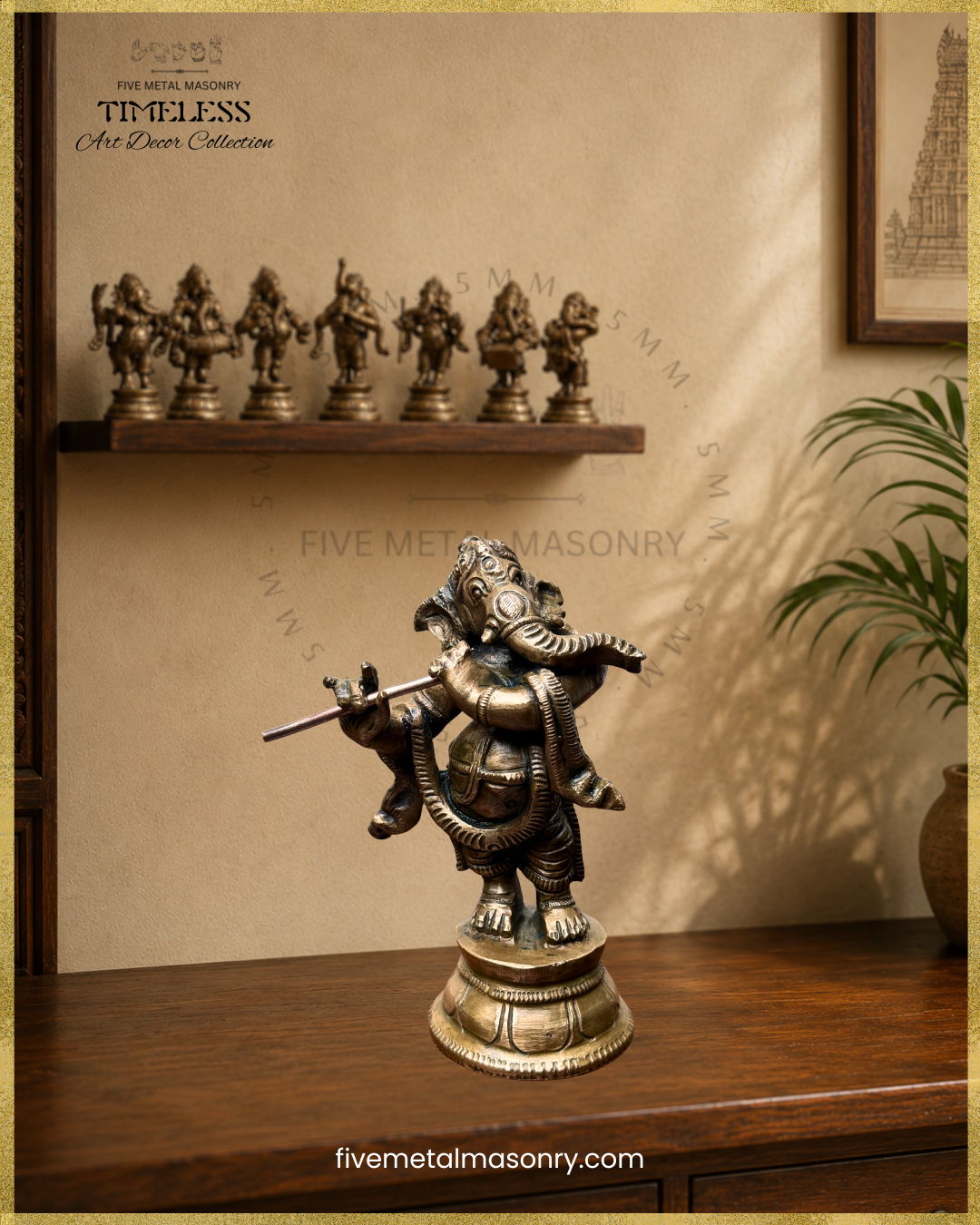 Close-up of a handcrafted panchaloha bronze Ganesha playing the flute, part of the Musical Ganesha Set from the Timeless Collection 