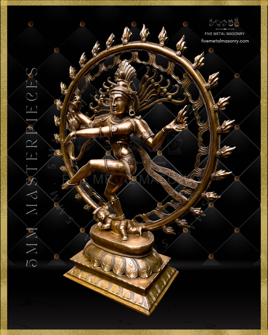 Left profile view of Nataraja Panchaloha bronze icon from the 5MM Masterpieces collection, shown in ananda-tandava in South Indian iconographic tradition