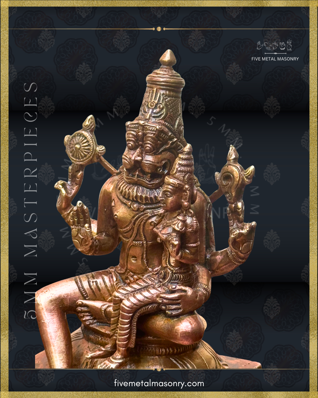 Three-quarter side view of handcrafted Lakshmi Narasimha Panchaloha bronze from the Masterpieces Collection, highlighting silpa-sastra based South Indian iconographic tradition, with Narasimha holding cakra and sankha in the upper hands, abhaya in the lower right, and supporting Lakshmi on his left thigh with the lower left hand.