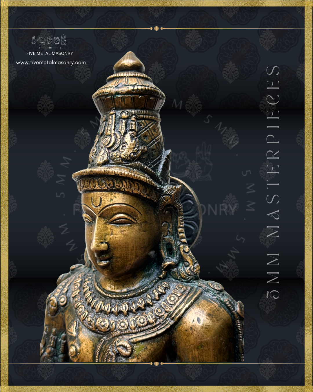 Close-up right-side portrait of handcrafted Vishnu Panchaloha bronze statue, highlighting the serene facial features, elaborate kirita-makuta, siraschakra, layered haras and finely detailed South Indian iconography crafted in the silpa-sastra tradition.