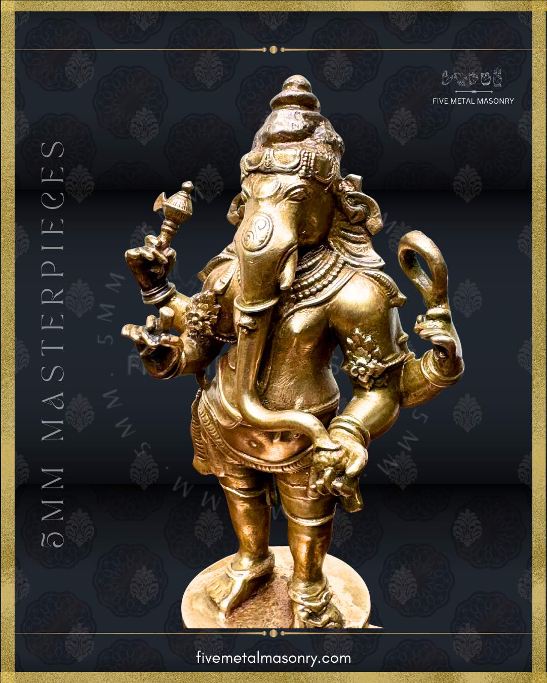 Closeup left profile view of standing Ganesha panchaloha bronze icon holding goad and noose, with elongated trunk, karanda makuta, lotus pedestal and mouse vahana from the Masterpieces collection.