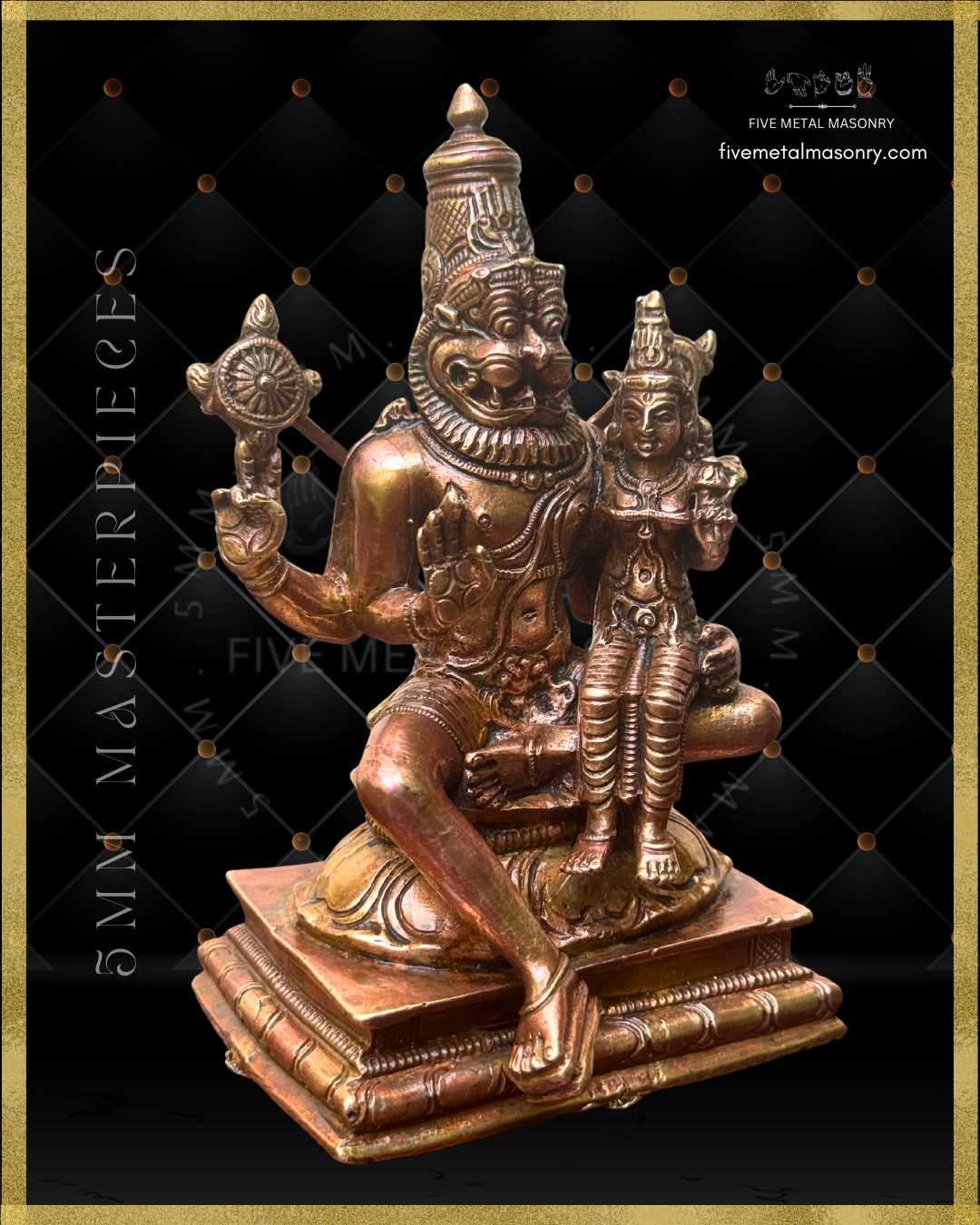 Right profile view of Handcrafted Lakshmi Narasimha Panchaloha bronze from the Masterpieces Collection, crafted in the silpa-sastra and South Indian iconographic tradition, with four-armed Narasimha holding cakra and sankha, and Lakshmi seated on his left thigh holding a padma.