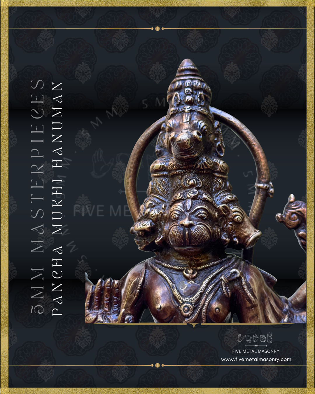 Panch Mukhi Hanuman Panchaloha Bronze statue -  Masterpieces Collection - Iconography per Shilpa Sastra, handcrafted lost wax casting – Hanuman face view