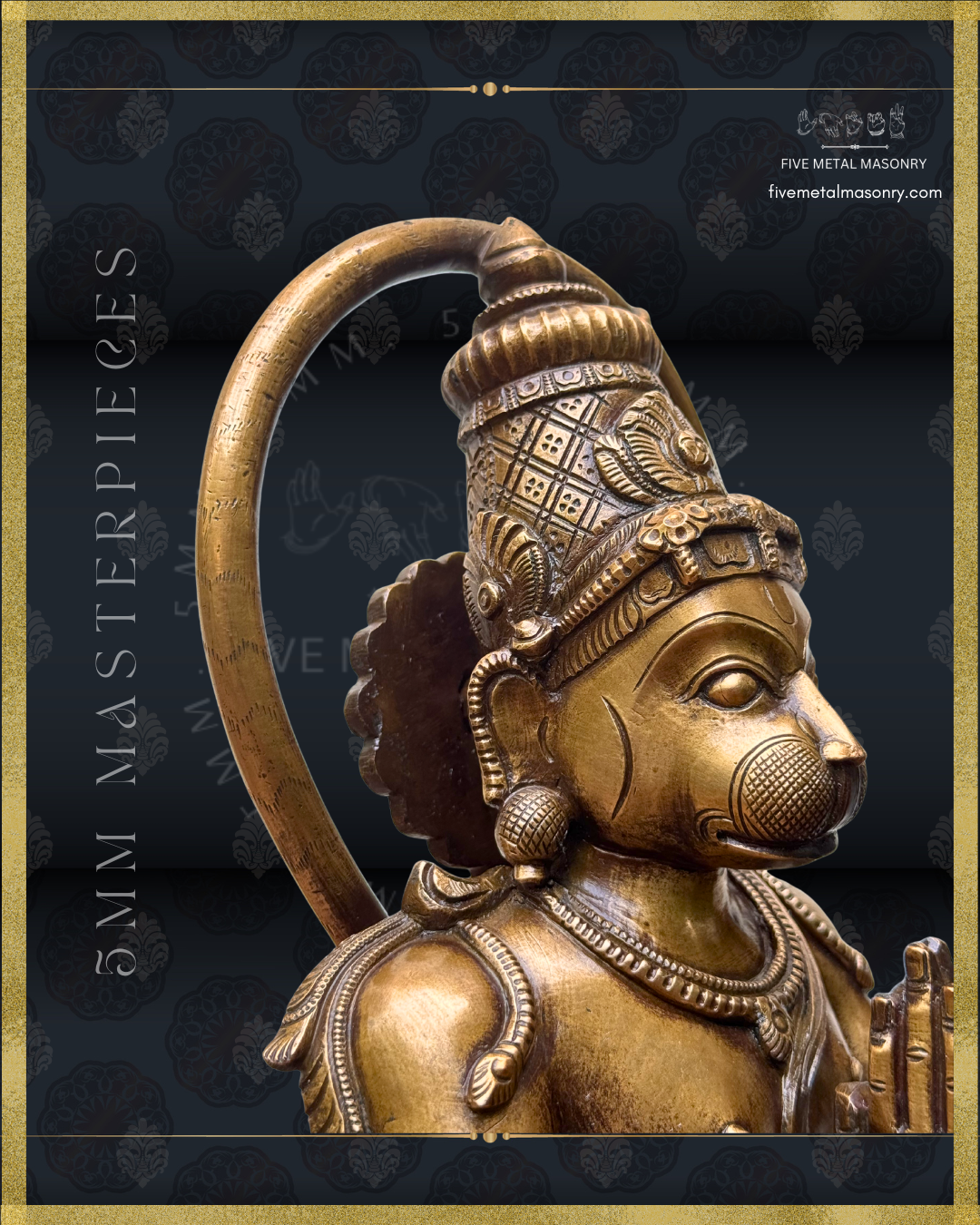 Bronze statue of Hanuman with intricate details on a dark background